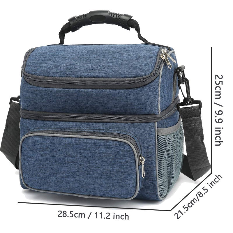 FlowFly Double Layer Cooler Insulated Lunch Bag Adult Lunch Box Large Tote Bag for Men, Women, With Adjustable Strap,Front Pocket and Dual Large Mesh Side Pockets,Navy - Image 4